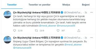 Çin Büyükelçiliği'nden Doğu Türkistan tehdidi
